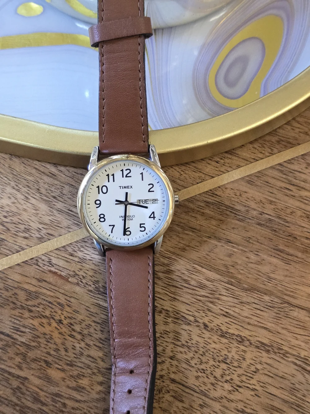 Timex White Dial Brown Leather Strap Day-Date Watch